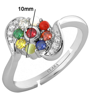 Clara 925 Sterling Silver Natural Certified Navaratna Stone Original Nine Planets Adjustable Ring for Women and Girls