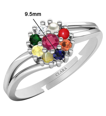 Clara 925 Sterling Silver Natural Certified Navaratna Stone Original Nine Planets Adjustable Ring for Women and Girls