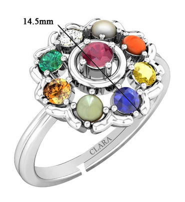 Clara 92.5 Sterling Silver Natural Certified Navaratna Stone Original Nine gems Adjustable Ring for Women and Girls