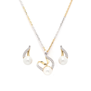 CLARA 925 Sterling Silver Pearl Asuka Pendant Earring Chain Jewellery Set | Gold Rhodium Plated, Swiss Zirconia | Gift for Women & Girls