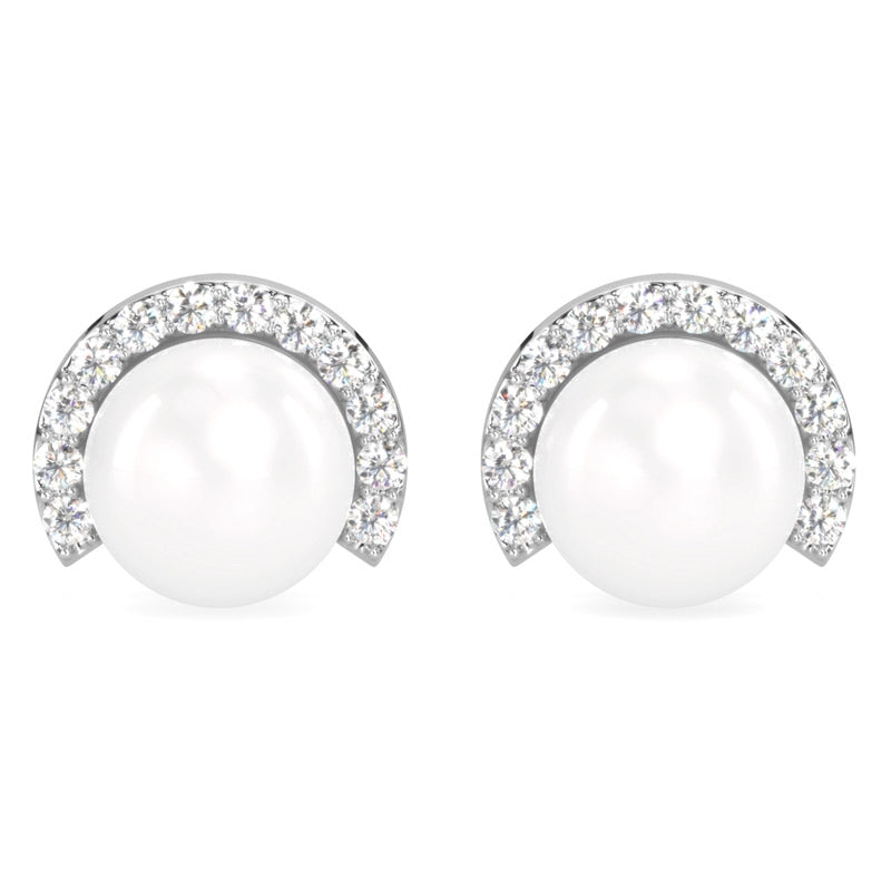 CLARA 925 Sterling Silver Real Pearl Stud Riko Earrings | Rhodium Plated, Swiss Zirconia , Screw Back | Gift for Women & Girls