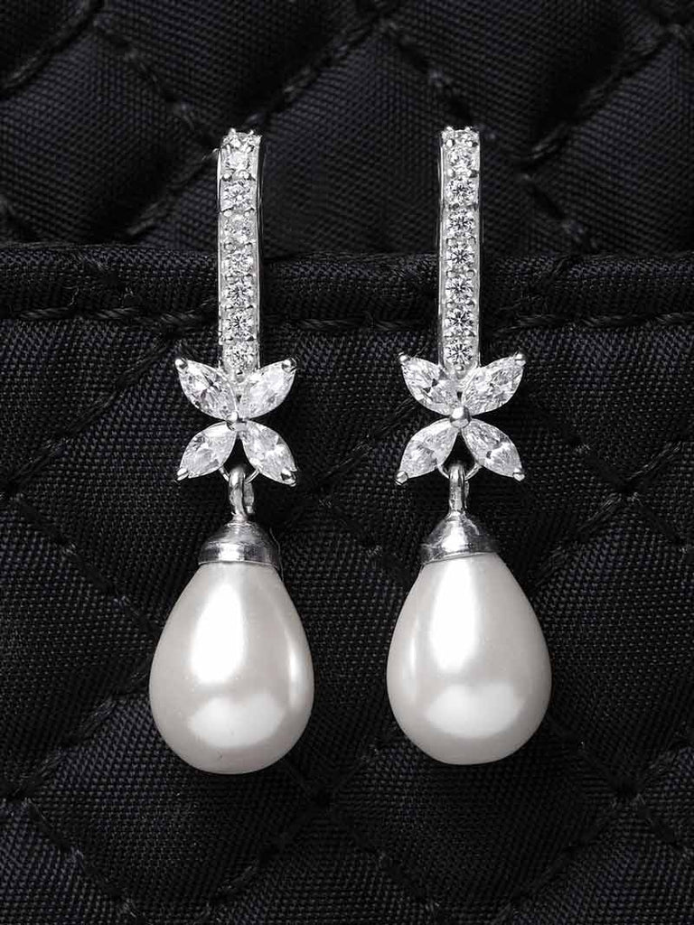 CLARA 925 Sterling Silver Pearl Hina Earrings | Rhodium Plated, Swiss Zirconia , Screw Back | Gift for Women & Girls