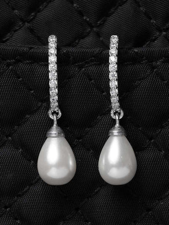 CLARA 925 Sterling Silver Classic Pearl Earrings | Rhodium Plated, Swiss Zirconia , Screw Back | Gift for Women & Girls