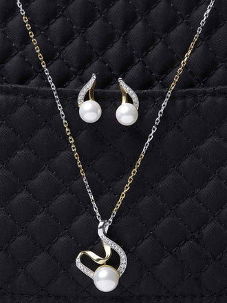 CLARA 925 Sterling Silver Pearl Asuka Pendant Earring Chain Jewellery Set | Gold Rhodium Plated, Swiss Zirconia | Gift for Women & Girls