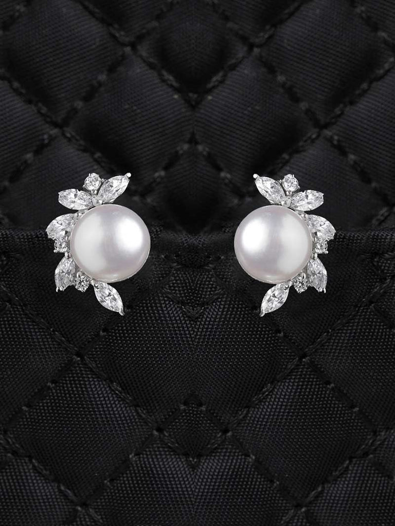 CLARA 925 Sterling Silver Real Pearl Stud Aoi Earrings | Rhodium Plated, Swiss Zirconia , Screw Back | Gift for Women & Girls