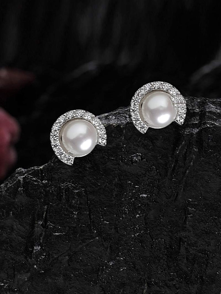 CZ earrings with 11mm black stone and white pearl drop -