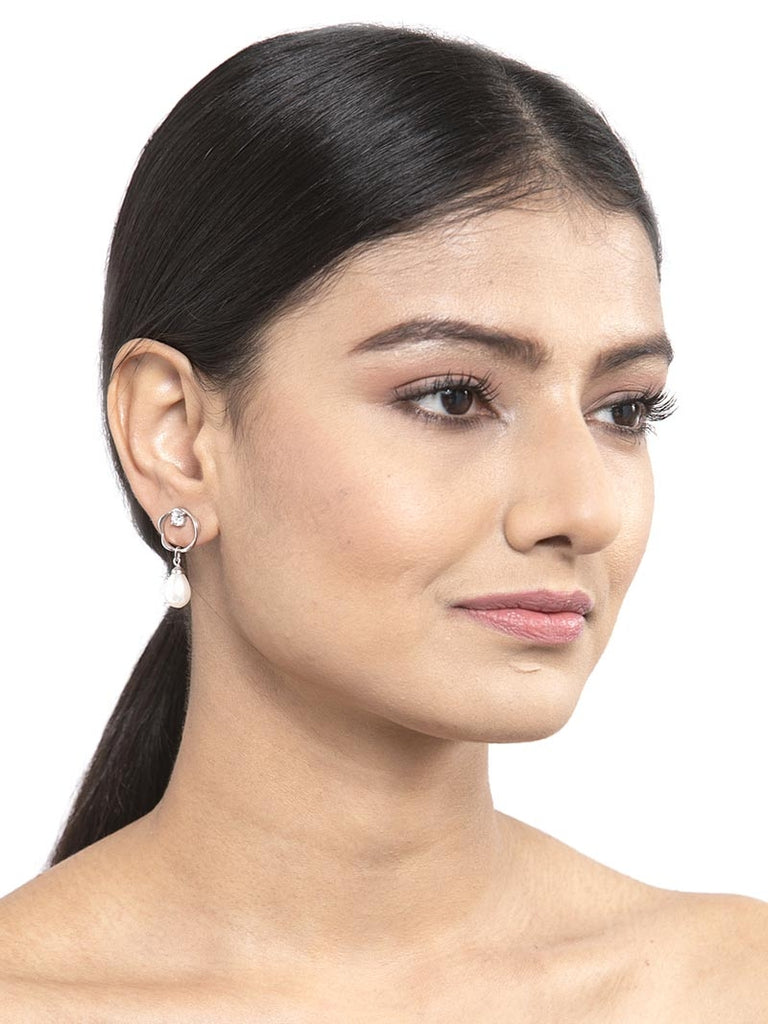 CLARA 925 Sterling Silver Pearl Sara Earrings | Rhodium Plated, Swiss Zirconia , Screw Back | Gift for Women & Girls
