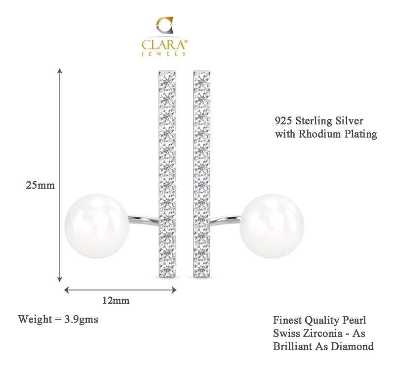 CLARA 925 Sterling Silver Pearl Ichika Earrings | Rhodium Plated, Swiss Zirconia , Screw Back | Gift for Women & Girls