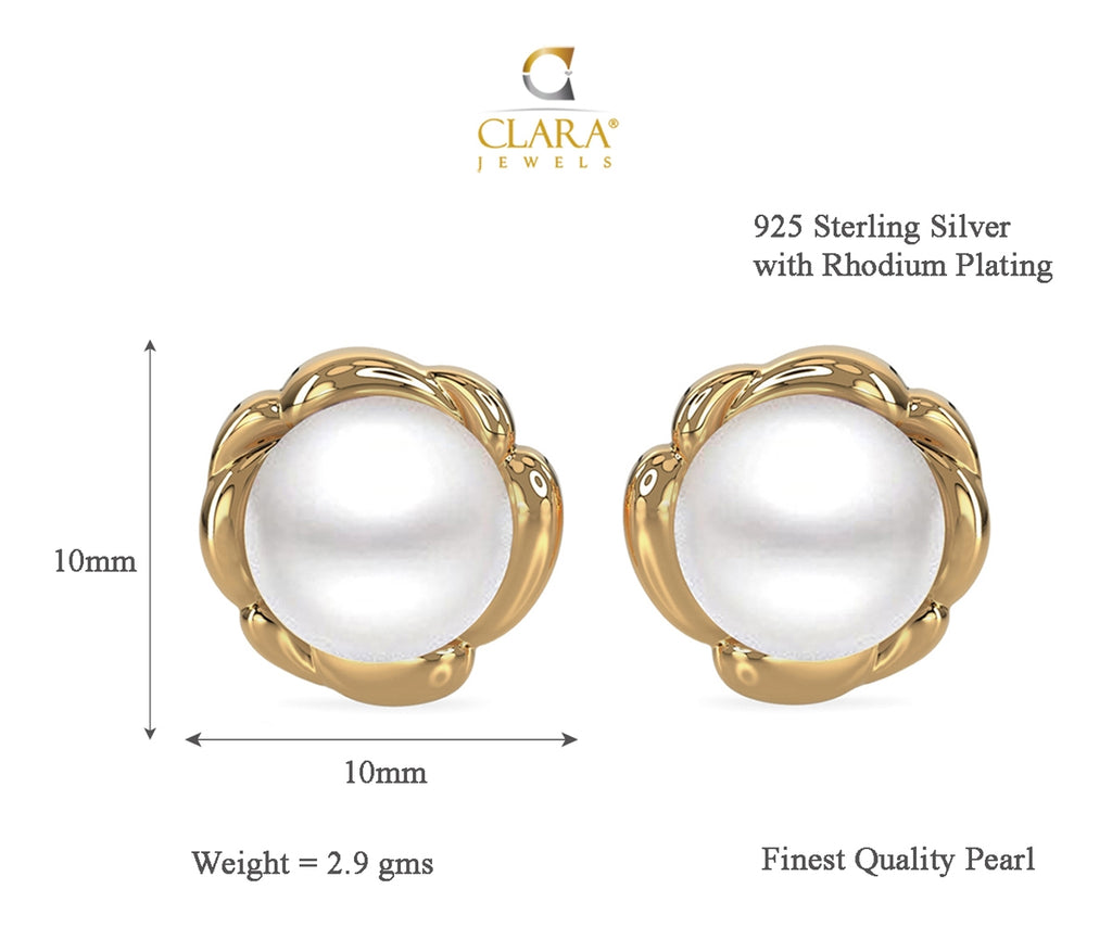 CLARA 925 Sterling Silver Real Pearl Stud Aki Earrings | Gold Rhodium Plated, Screw Back | Gift for Women & Girls