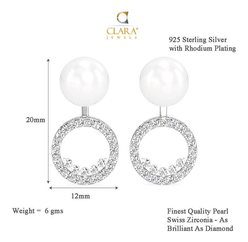 CLARA 925 Sterling Silver Pearl Detach Earrings | Rhodium Plated, Swiss Zirconia , Screw Back | Gift for Women & Girls