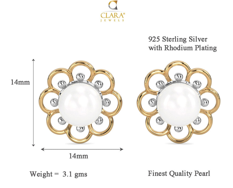 CLARA 925 Sterling Silver Pearl Stud Lotus Earrings | Gold Rhodium Plated , Screw Back | Gift for Women & Girls
