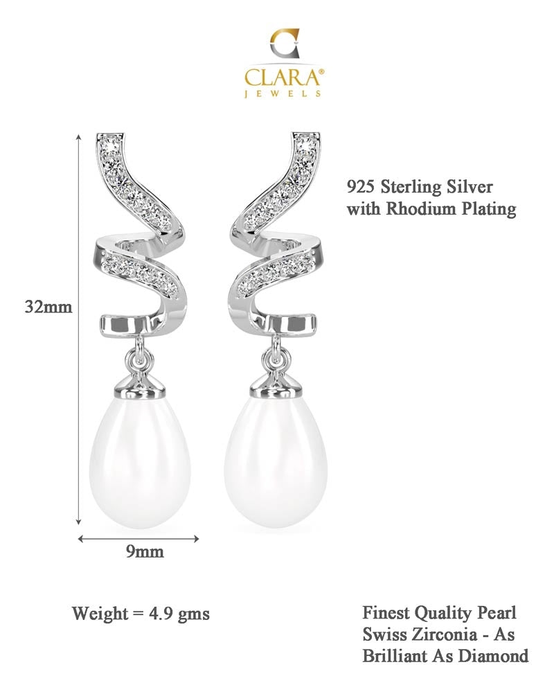 CLARA 925 Sterling Silver Pearl Twist Earrings | Rhodium Plated, Swiss Zirconia, Screw Back | Gift for Women & Girls