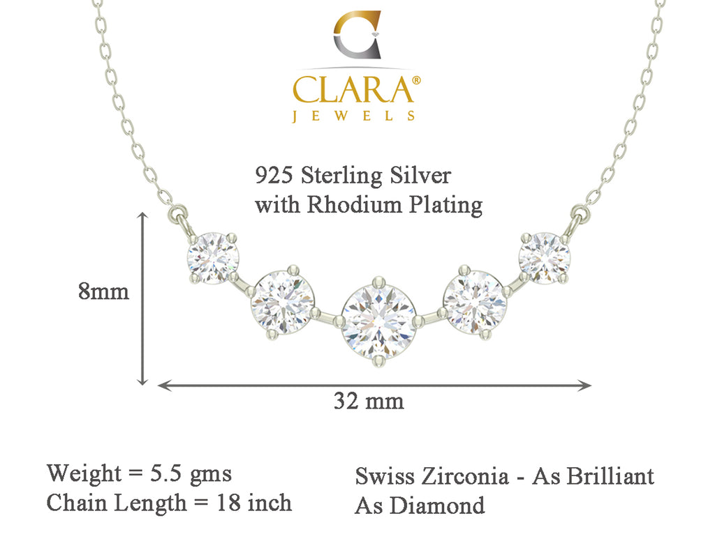 CLARA 925 Sterling Silver Rhodium Plated 5 Stone Pendant Earring Necklace Set with Chain Gift 