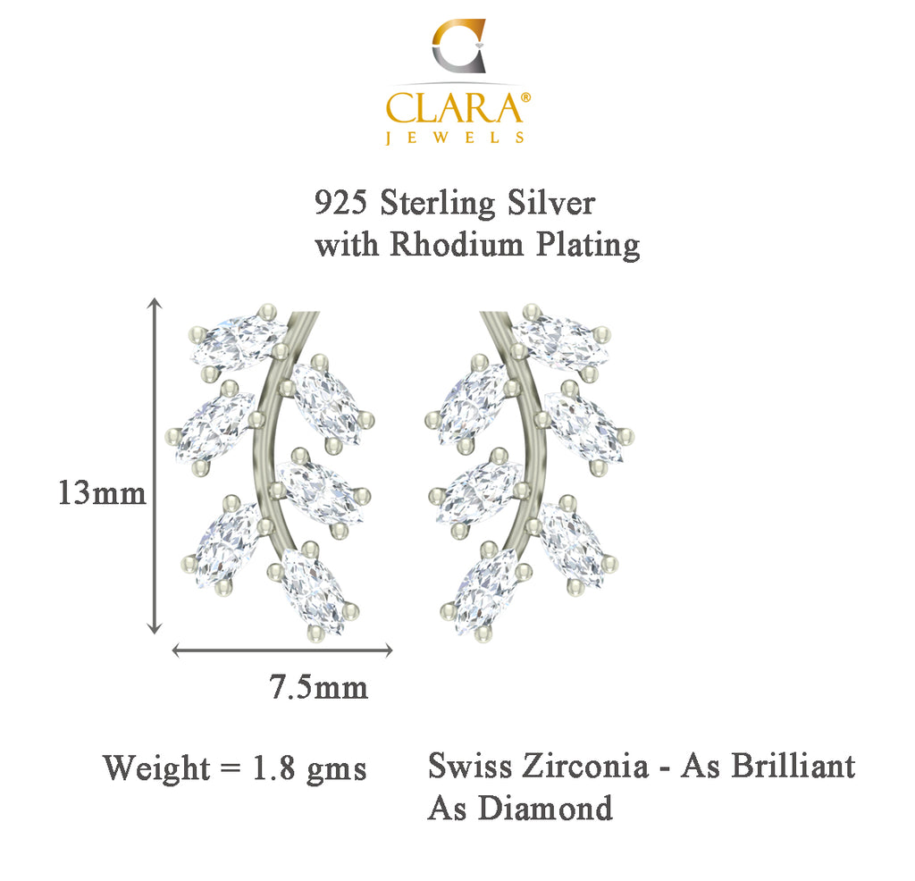 CLARA 925 Sterling Silver Swiss Zirconia Leaf Earring With Screw Back Gift for Women and Girls