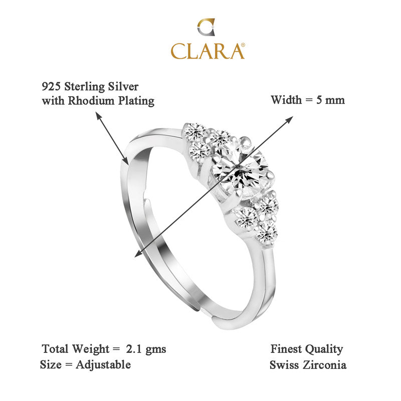 CLARA 925 Sterling Silver Cute Ring with Adjustable Band Rhodium Plated, Swiss Zirconia Gift for Women & Girls