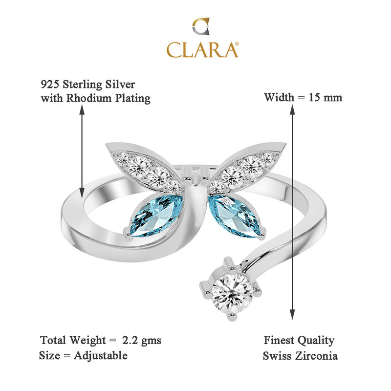 CLARA 925 Sterling Silver Butterfly Open Ring Size Adjustable, Rhodium Plated, Swiss Zirconia Gift for Women & Girls