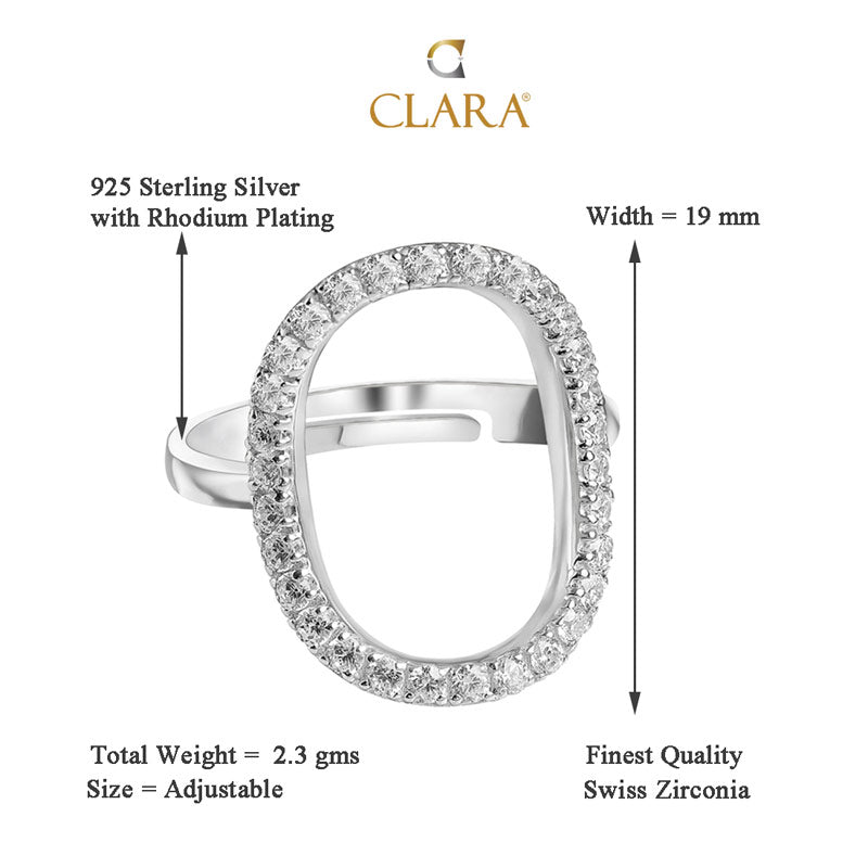 CLARA 925 Sterling Silver Unique Ring with Adjustable Band Rhodium Plated, Swiss Zirconia Gift for Women & Girls