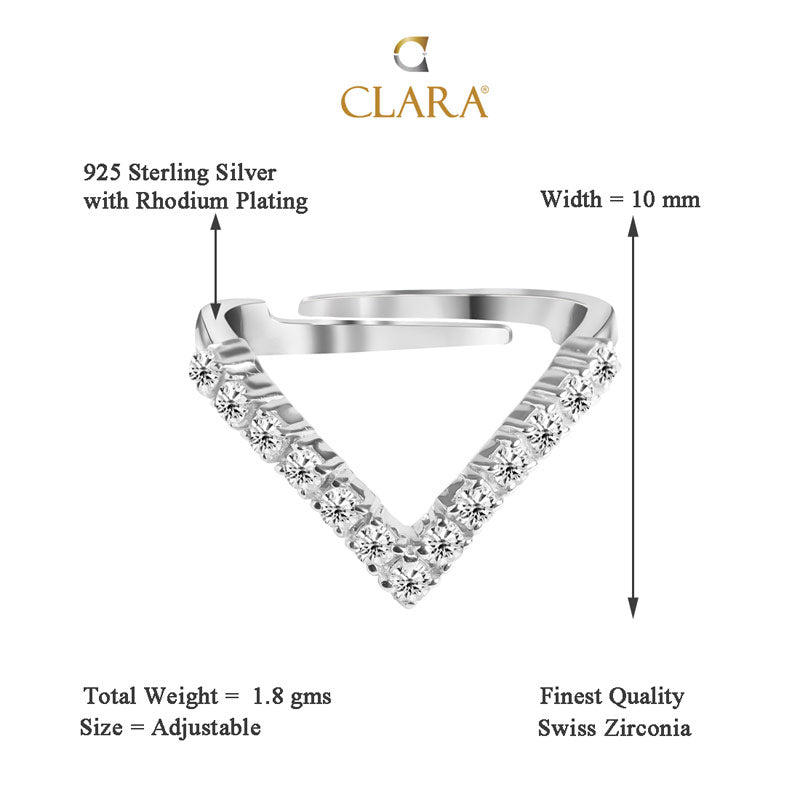 CLARA 925 Sterling Silver V Shape Ring with Adjustable Band Rhodium Plated, Swiss Zirconia Gift for Women & Girls