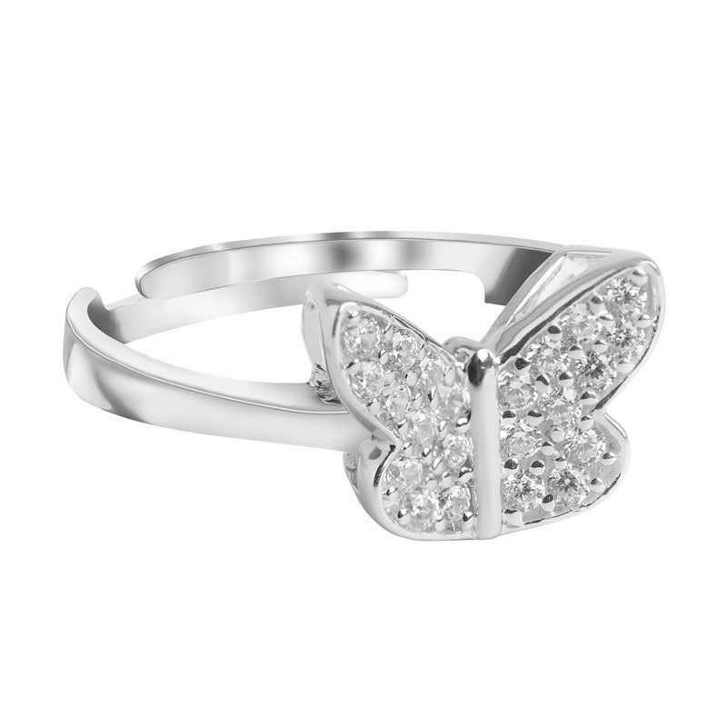 CLARA 925 Sterling Silver Butterfly Ring with Adjustable Band Rhodium Plated, Swiss Zirconia Gift for Women & Girls