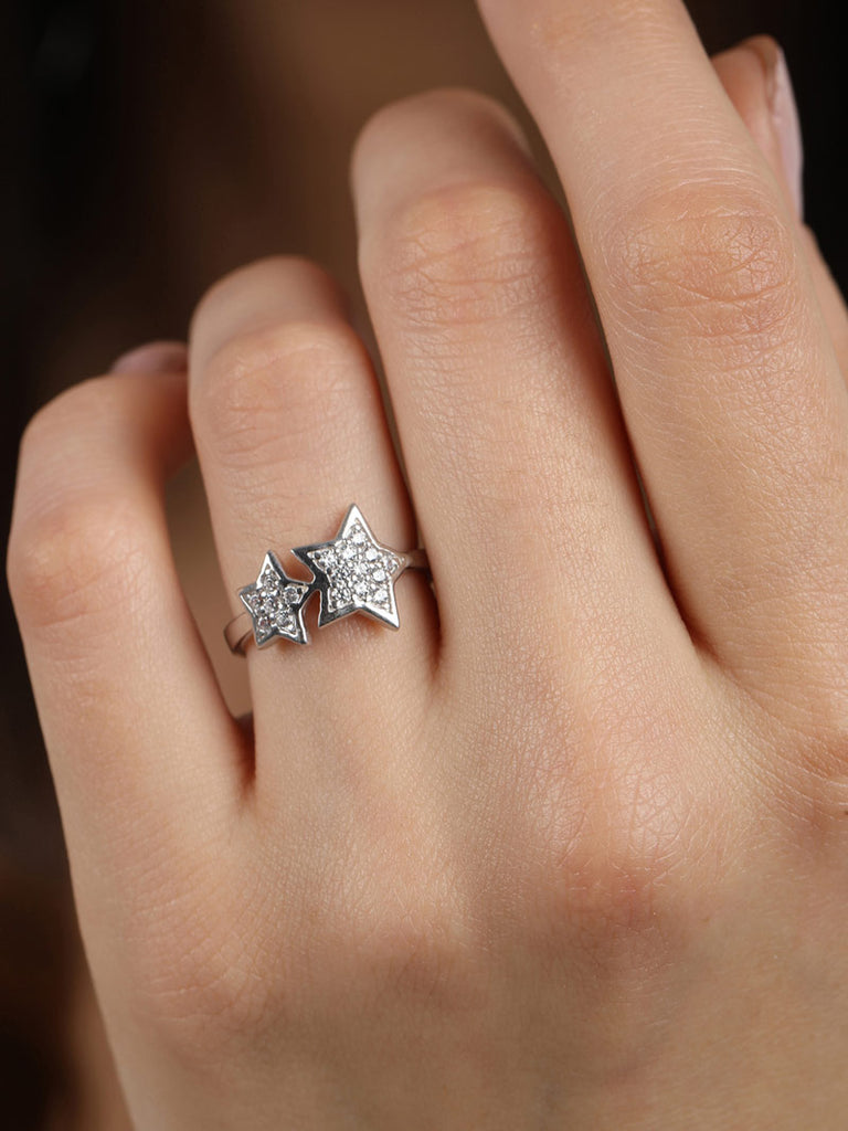 CLARA 925 Sterling Silver Star Ring with Adjustable Band Rhodium Plated, Swiss Zirconia Gift for Women & Girls
