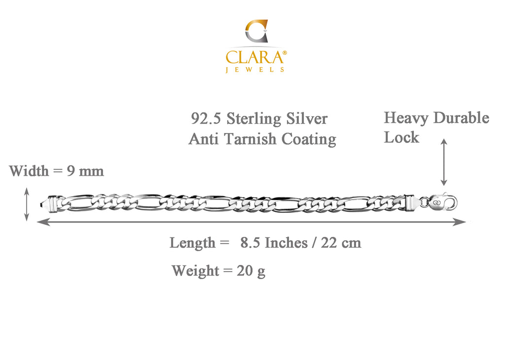 CLARA Anti-Tarnish 92.5 Sterling Silver Figaro Bracelet 8.5 inches Gift for Men & Boys