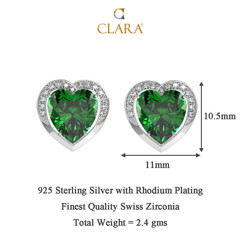 CLARA 925 Sterling Silver Dark Green Heart Earring Rhodium Plated, Swiss Zirconia Gift for Women & Girls