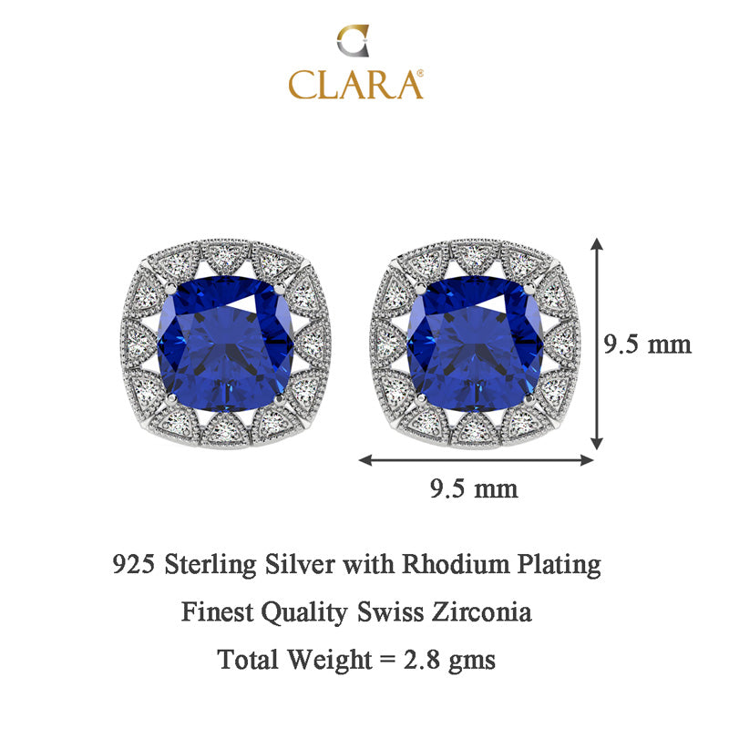 CLARA 925 Sterling Silver Royal Blue Cushion Earring Rhodium Plated, Swiss Zirconia Gift for Women & Girls