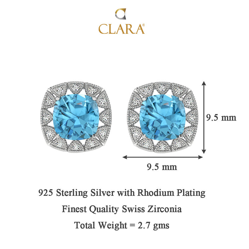 CLARA 925 Sterling Silver Sky Blue Cushion Earring Rhodium Plated, Swiss Zirconia Gift for Women & Girls