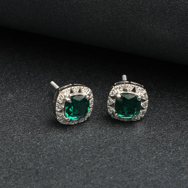 Silver Dark Green Cushion Earring