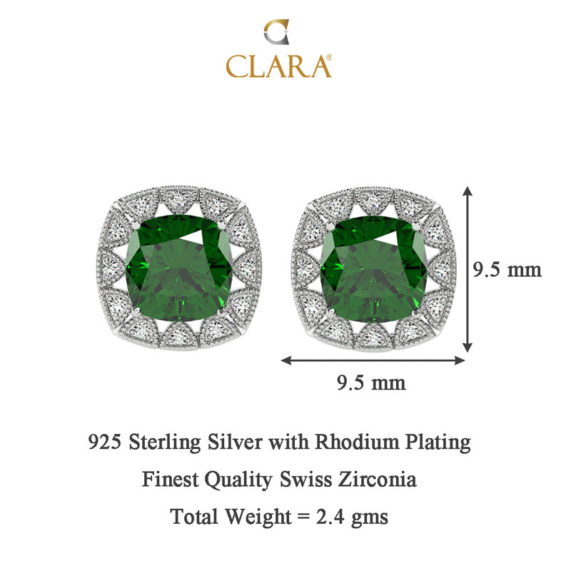 CLARA 925 Sterling Silver Dark Green Cushion Earring Rhodium Plated, Swiss Zirconia Gift for Women & Girls