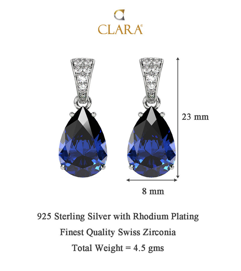 CLARA 925 Sterling Silver Royal Blue Tear Drop Earring Rhodium Plated, Swiss Zirconia Gift for Women & Girls