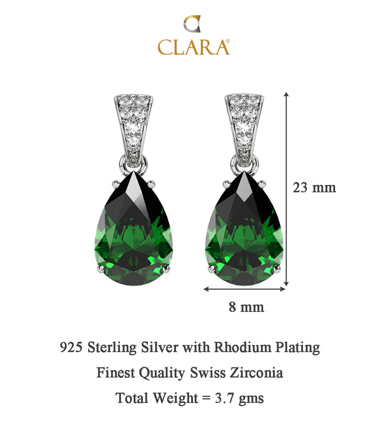 CLARA 925 Sterling Silver Dark Green Tear Drop Earring Rhodium Plated, Swiss Zirconia Gift for Women & Girls