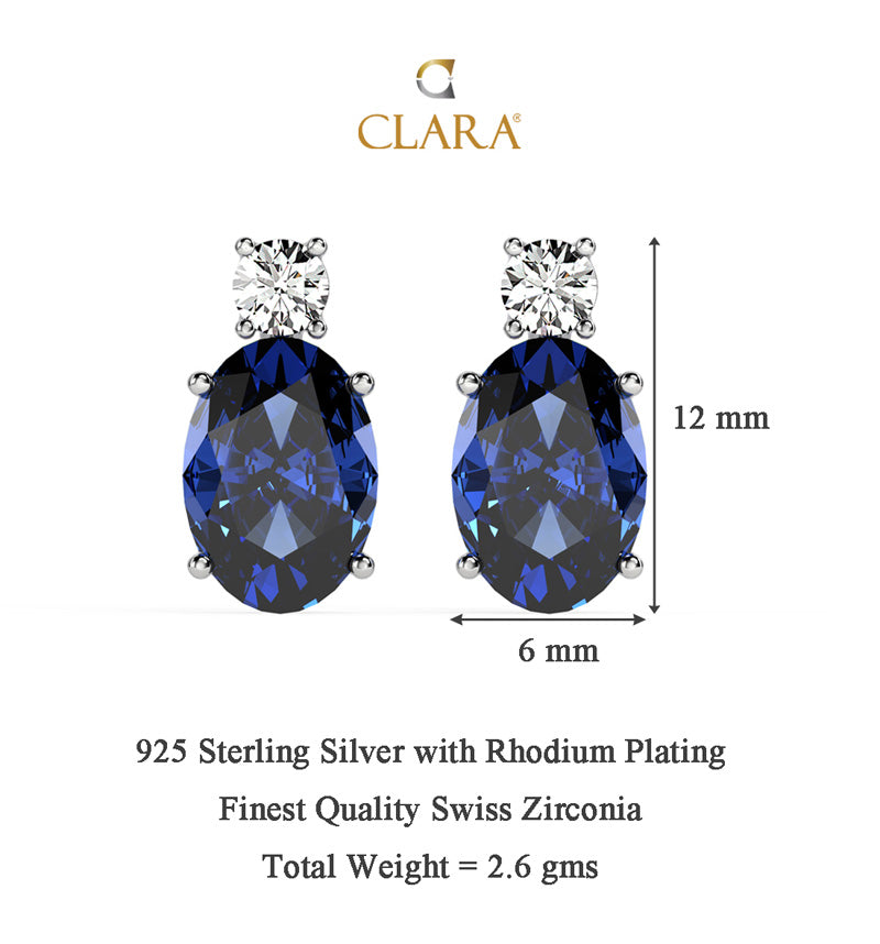 CLARA 925 Sterling Silver Royal Blue Oval Earring Rhodium Plated, Swiss Zirconia Gift for Women & Girls