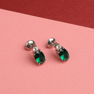 Silver Dark Green Oval Earring