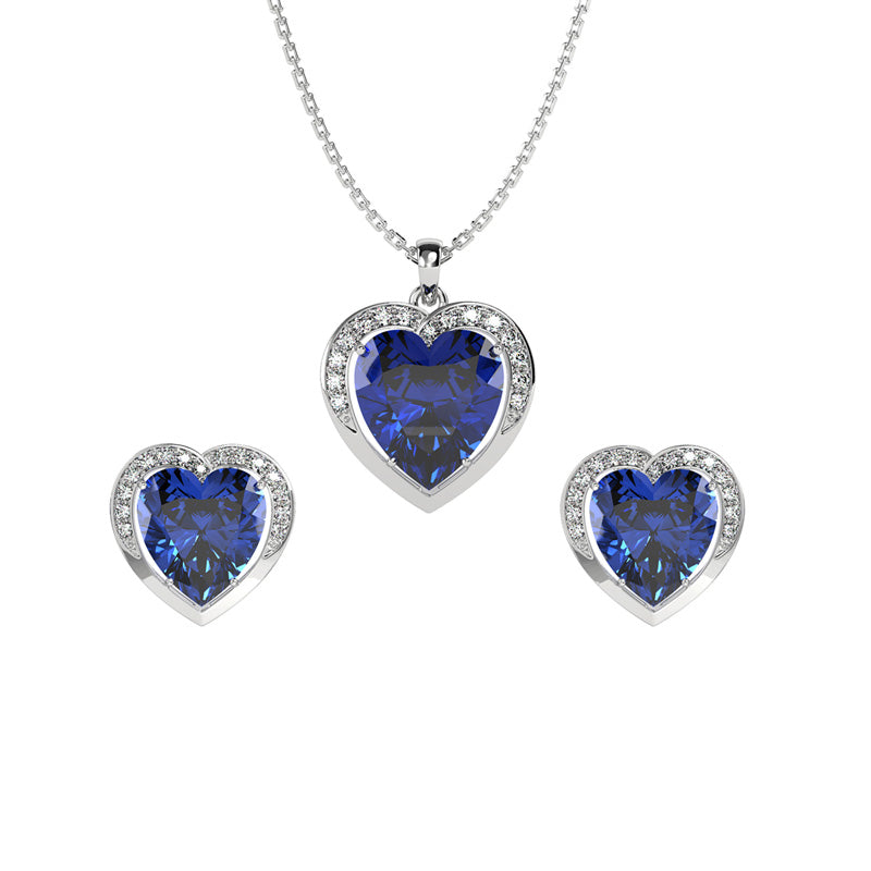 CLARA 925 Sterling Silver Royal Blue Heart Pendant Earring Chain Jewellery Set | Rhodium Plated, Swiss Zirconia | Gift for Women & Girls