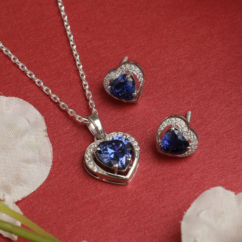 CLARA 925 Sterling Silver Royal Blue Heart Pendant Earring Chain Jewellery Set | Rhodium Plated, Swiss Zirconia | Gift for Women & Girls