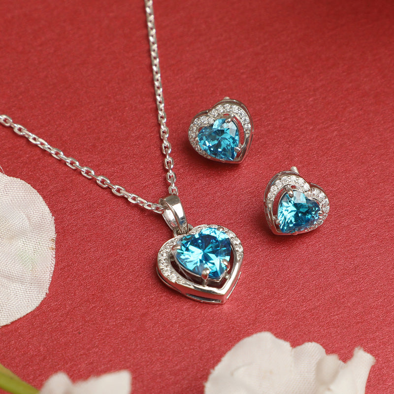 CLARA 925 Sterling Silver Sky Blue Heart Pendant Earring Chain Jewellery Set | Rhodium Plated, Swiss Zirconia | Gift for Women & Girls