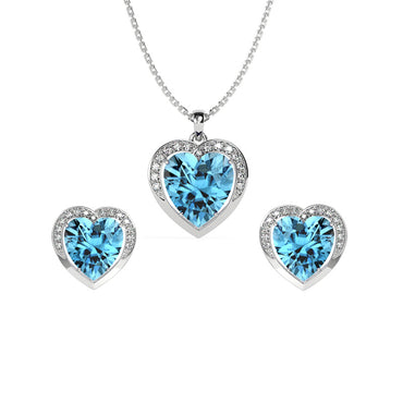 CLARA 925 Sterling Silver Sky Blue Heart Pendant Earring Chain Jewellery Set | Rhodium Plated, Swiss Zirconia | Gift for Women & Girls