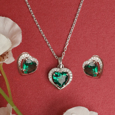 Silver Dark Green Heart Jewellery Set