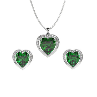 CLARA 925 Sterling Silver Dark Green Heart Pendant Earring Chain Jewellery Set | Rhodium Plated, Swiss Zirconia | Gift for Women & Girls