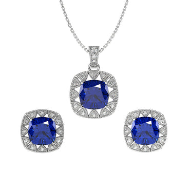 CLARA 925 Sterling Silver Royal Blue Cushion Pendant Earring Chain Jewellery Set | Rhodium Plated, Swiss Zirconia | Gift for Women & Girls