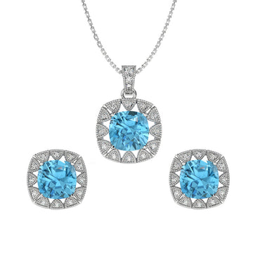 CLARA 925 Sterling Silver Sky Blue Cushion Pendant Earring Chain Jewellery Set | Rhodium Plated, Swiss Zirconia | Gift for Women & Girls