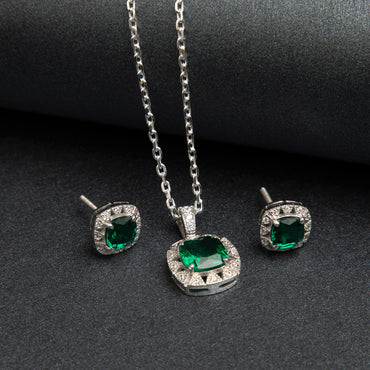 Silver Dark Green Cushion Jewellery Set