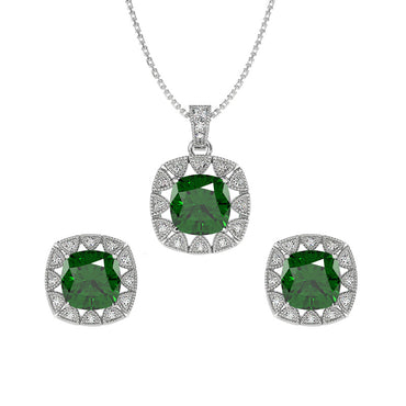 CLARA 925 Sterling Silver Dark Green Cushion Pendant Earring Chain Jewellery Set | Rhodium Plated, Swiss Zirconia | Gift for Women & Girls