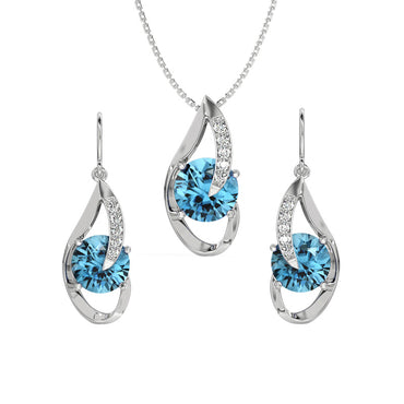 CLARA 925 Sterling Silver Sky Blue Eye Pendant Earring Chain Jewellery Set | Rhodium Plated, Swiss Zirconia | Gift for Women & Girls