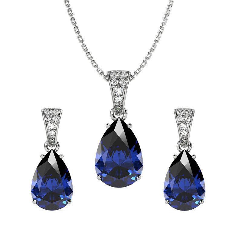 CLARA 925 Sterling Silver Royal Blue Tear Drop Pendant Earring Chain Jewellery Set Rhodium Plated, Swiss Zirconia Gift for Women & Girls