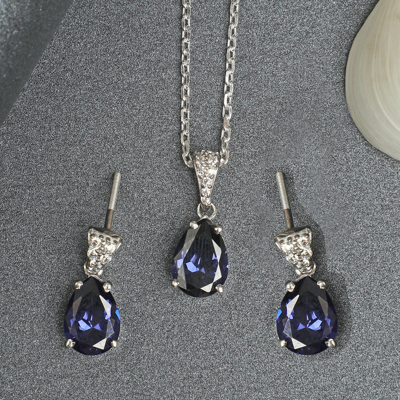 CLARA 925 Sterling Silver Royal Blue Tear Drop Pendant Earring Chain Jewellery Set | Rhodium Plated, Swiss Zirconia | Gift for Women & Girls