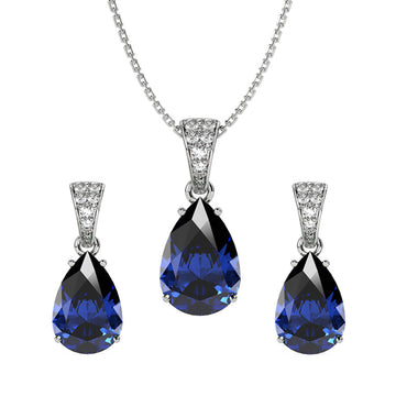 CLARA 925 Sterling Silver Royal Blue Tear Drop Pendant Earring Chain Jewellery Set | Rhodium Plated, Swiss Zirconia | Gift for Women & Girls