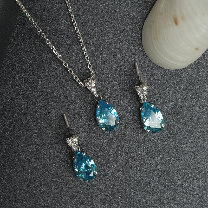 CLARA 925 Sterling Silver Sky Blue Tear Drop Pendant Earring Chain Jewellery Set | Rhodium Plated, Swiss Zirconia | Gift for Women & Girls
