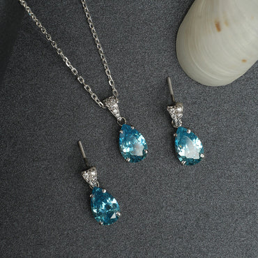Silver Sky Blue Tear Drop Jewellery Set